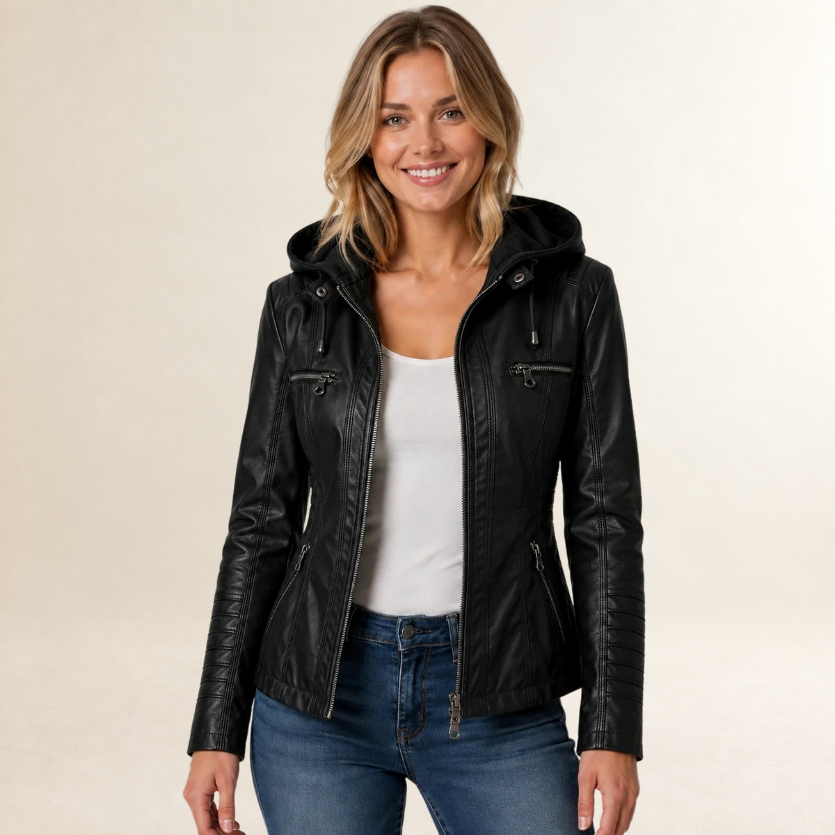 Chaqueta de mujer con capucha desmontable y cierre de cremallera completa - Corte regular