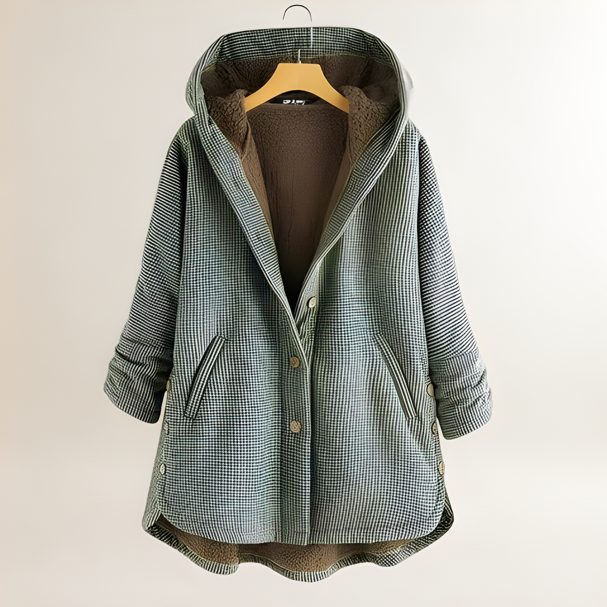 Chaqueta de mujer con capucha y diseño a cuadros con cierre de botones