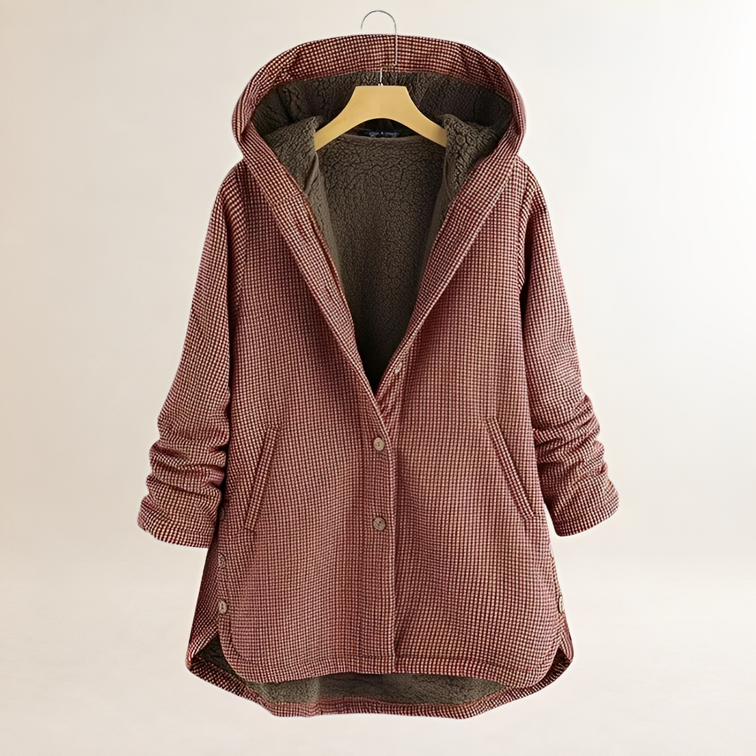 Chaqueta de mujer con capucha y diseño a cuadros con cierre de botones