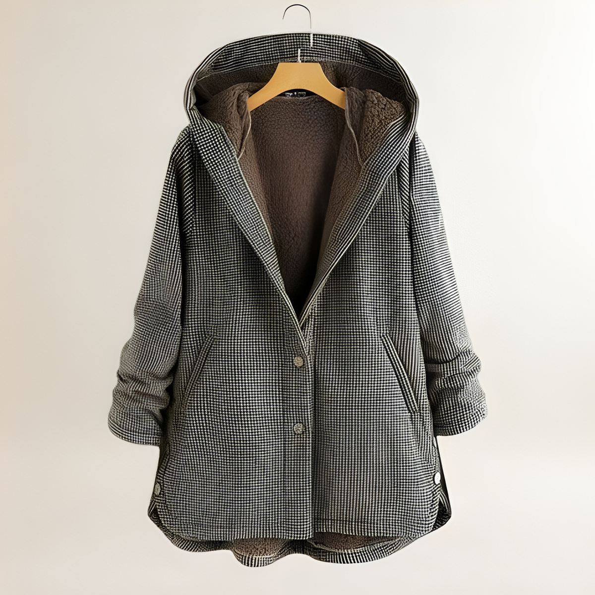Chaqueta de mujer con capucha y diseño a cuadros con cierre de botones