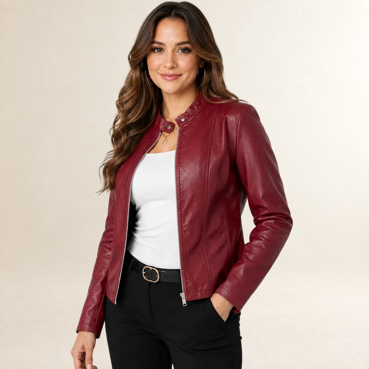Chaqueta de mujer estilo biker con cuello alto y cierre de cremallera - Ajuste estructurado
