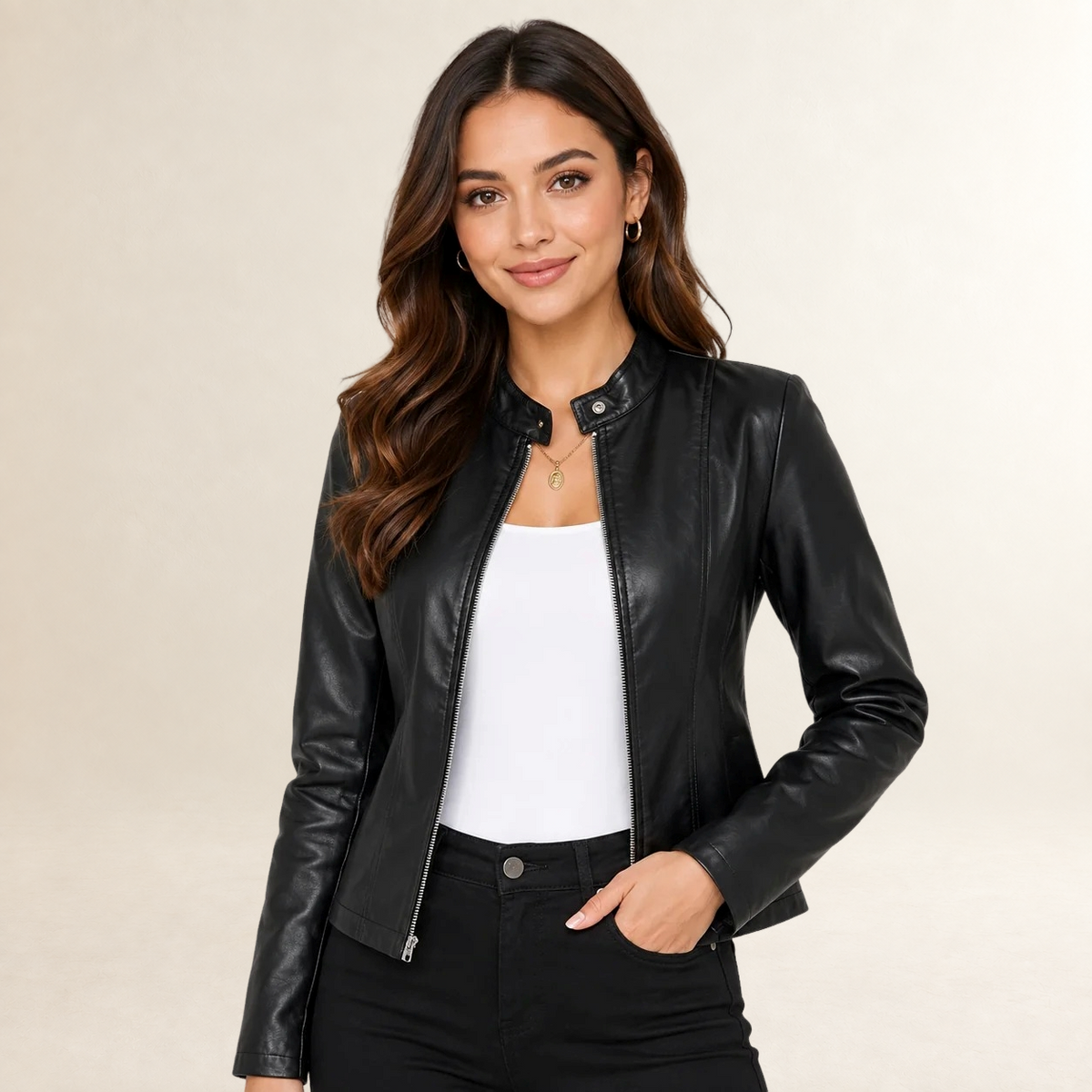 Chaqueta de mujer estilo biker con cuello alto y cierre de cremallera - Ajuste estructurado