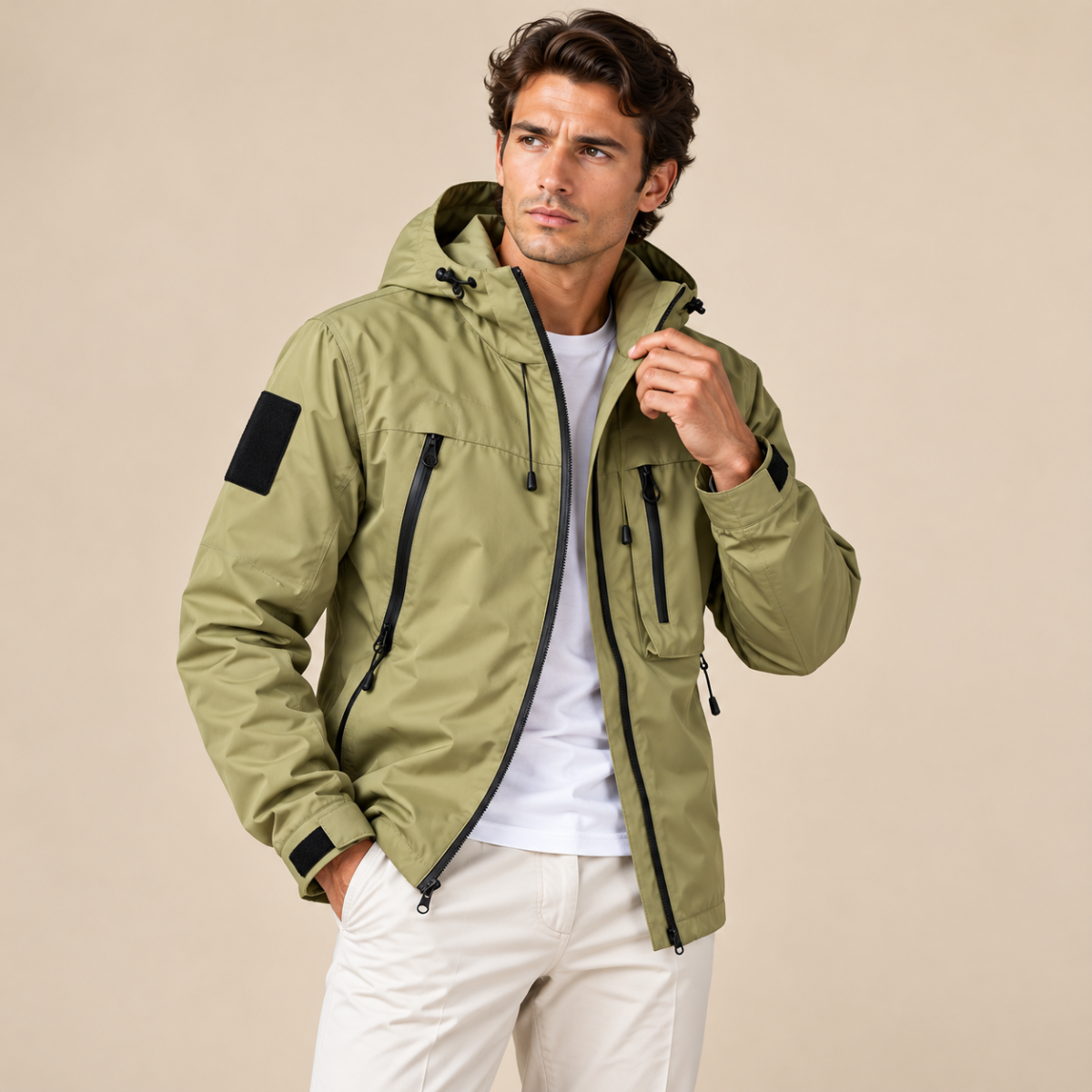 Chaqueta exterior para hombre con capucha y cierre completo de cremallera