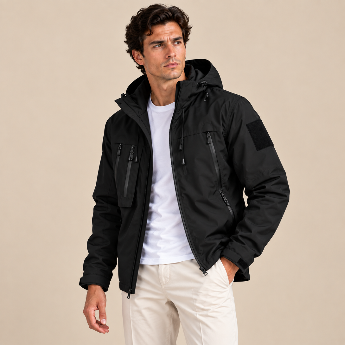 Chaqueta exterior para hombre con capucha y cierre completo de cremallera