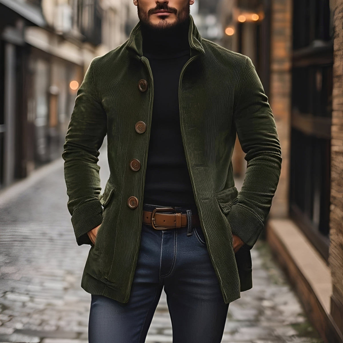 Chaqueta hombre tipo peacoat ajustada cuello alto con botones