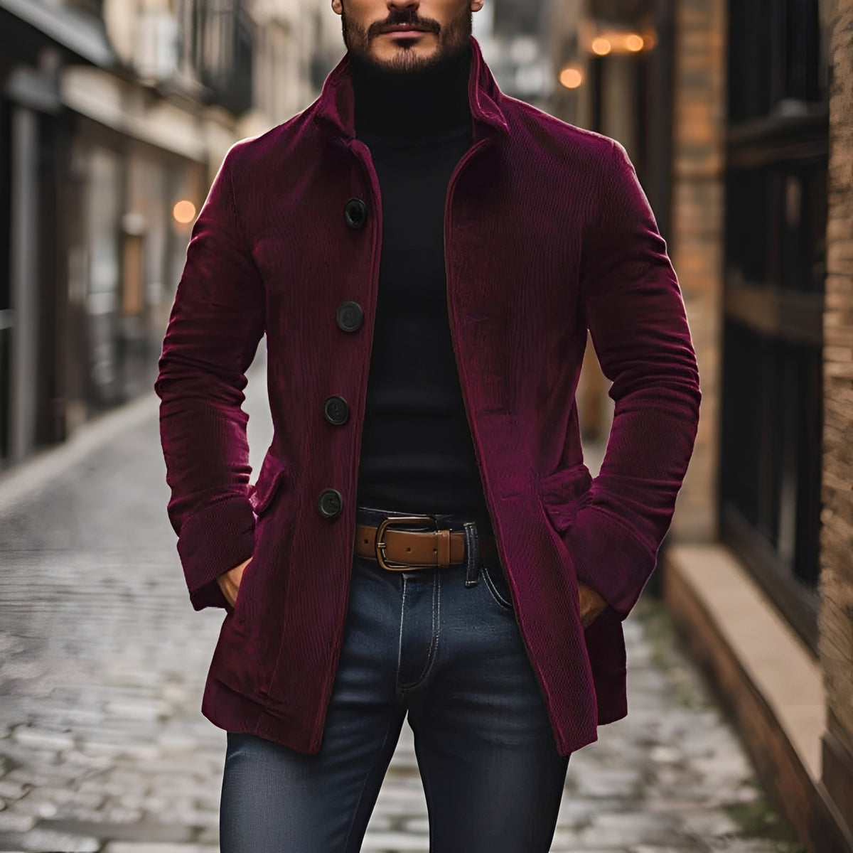Chaqueta hombre tipo peacoat ajustada cuello alto con botones