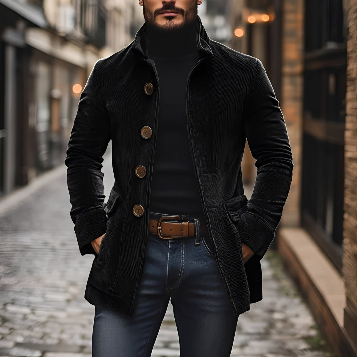 Chaqueta hombre tipo peacoat ajustada cuello alto con botones