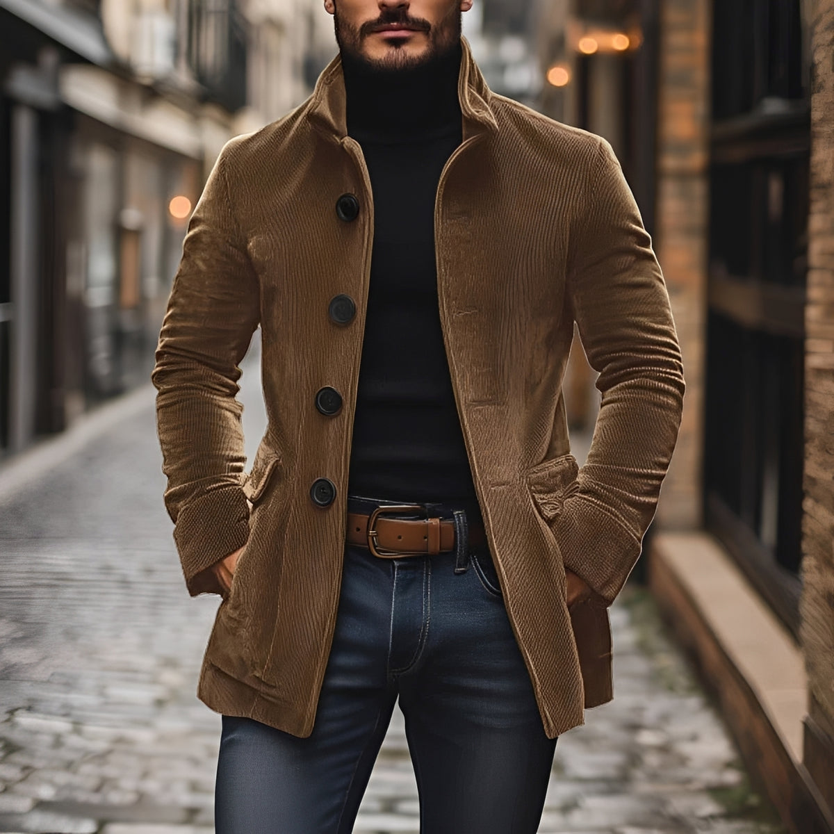 Chaqueta hombre tipo peacoat ajustada cuello alto con botones
