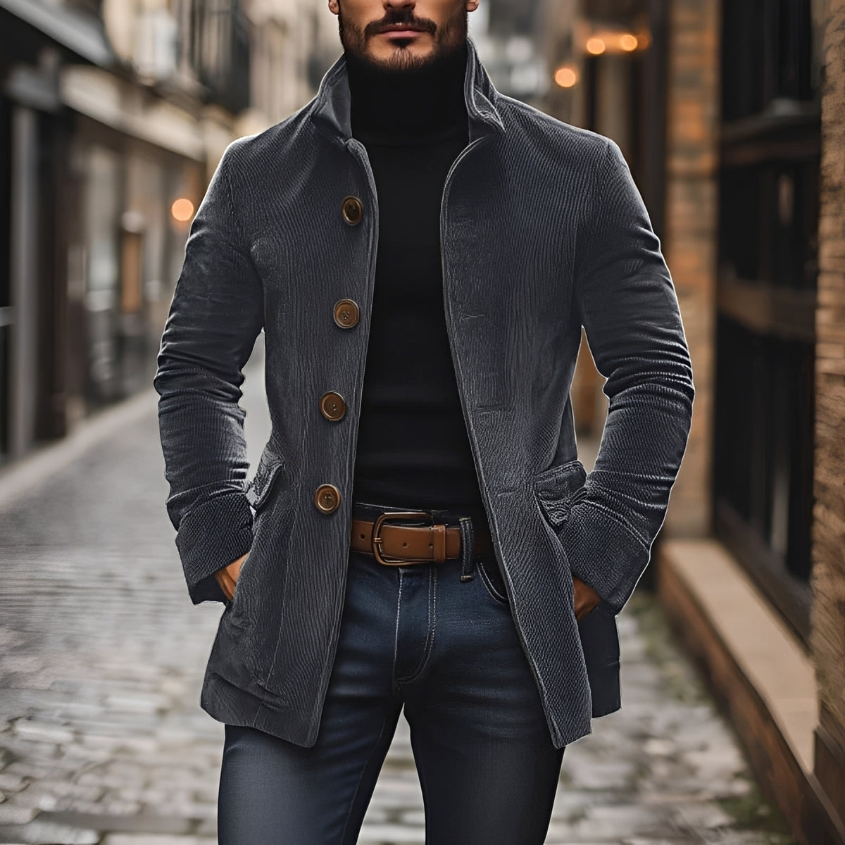 Chaqueta hombre tipo peacoat ajustada cuello alto con botones