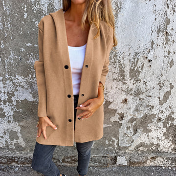 Chaqueta larga con capucha para mujer cierre de botones corte relajado diseño versátil