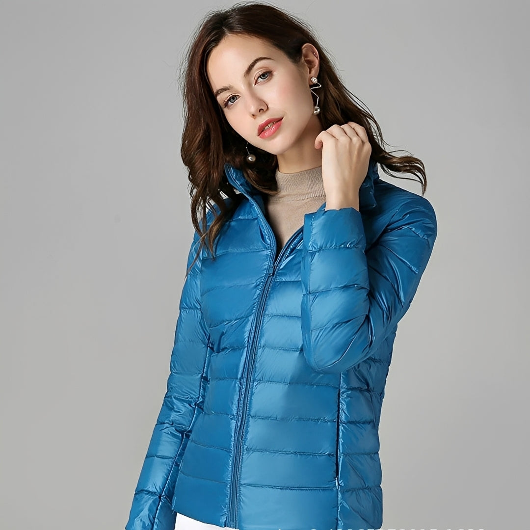 Chaqueta ligera para mujer con diseño acolchado cierre de cremallera cuello alto ajuste entallado