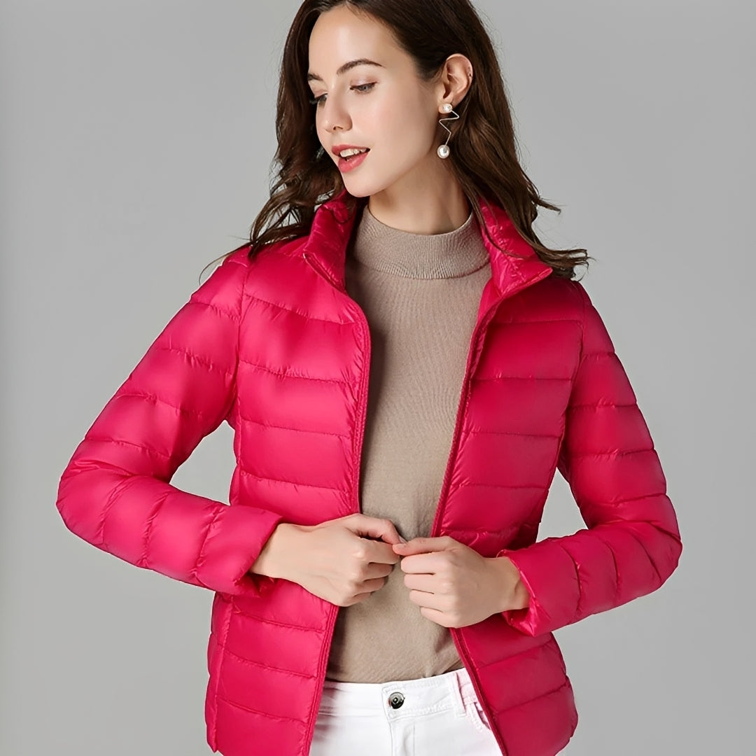 Chaqueta ligera para mujer con diseño acolchado cierre de cremallera cuello alto ajuste entallado