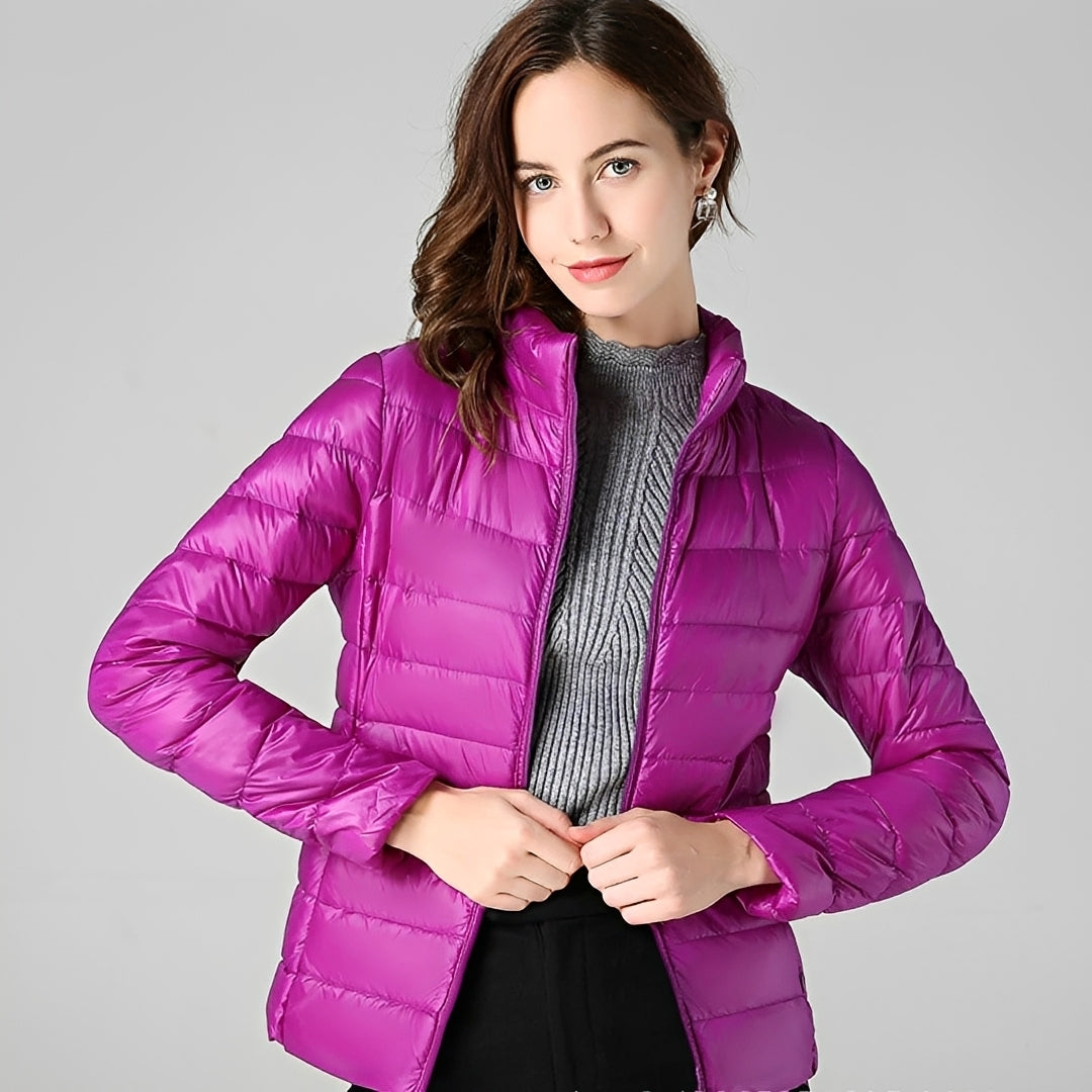 Chaqueta ligera para mujer con diseño acolchado cierre de cremallera cuello alto ajuste entallado