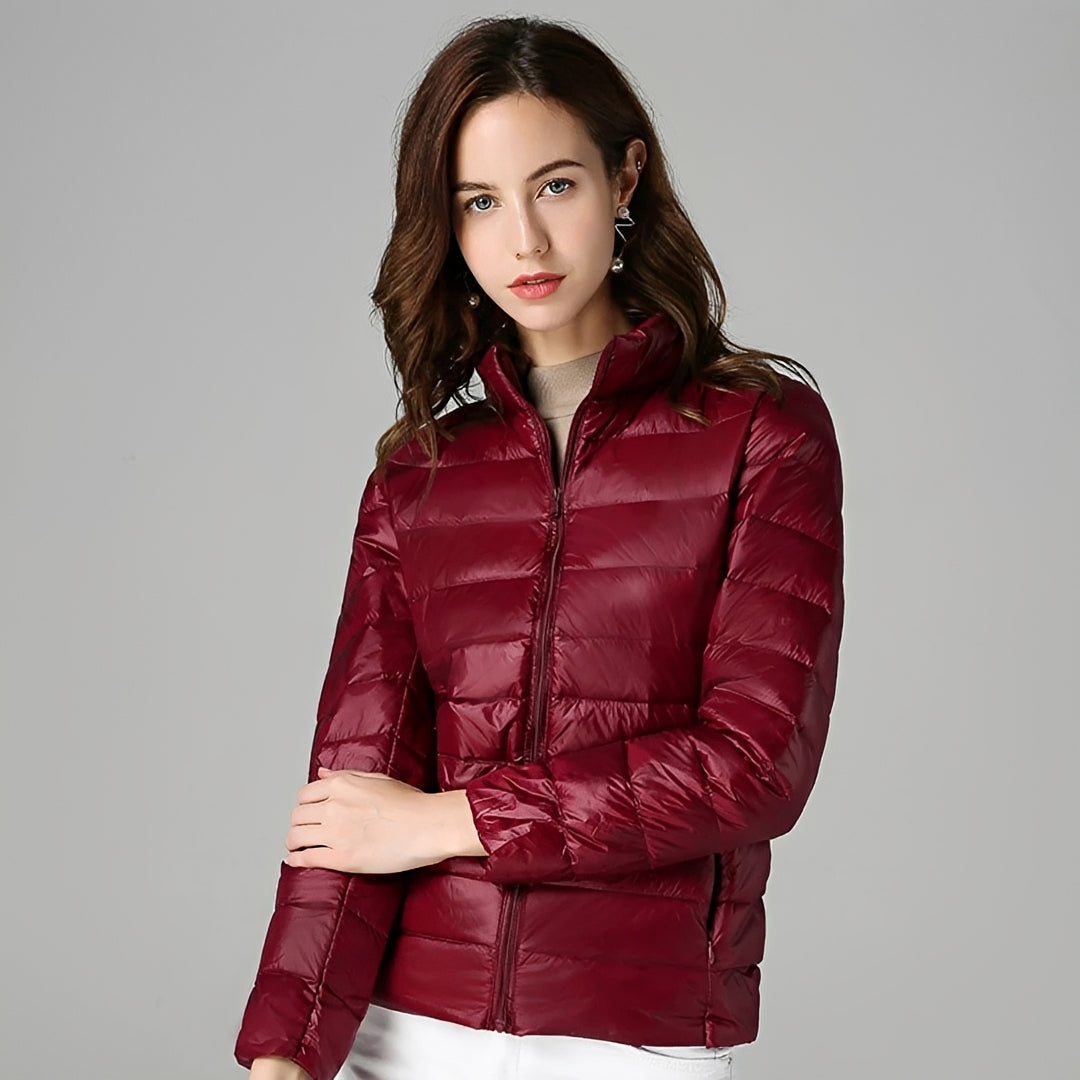 Chaqueta ligera para mujer con diseño acolchado cierre de cremallera cuello alto ajuste entallado