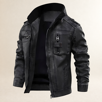 Chaqueta motera para hombre con cierre frontal y cuello alto con hebilla y bolsillos