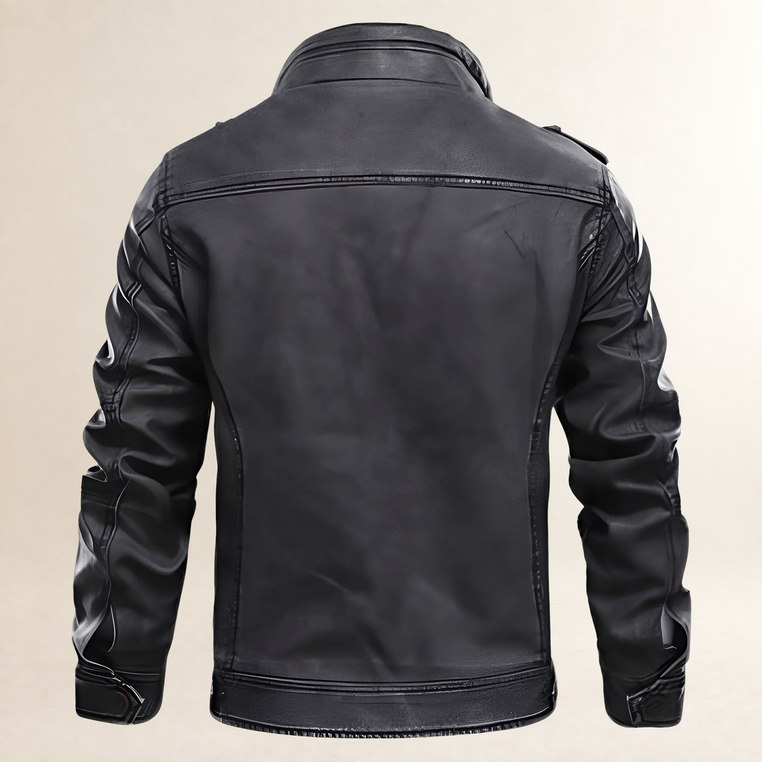 Chaqueta motera para hombre con cierre frontal y cuello alto con hebilla y bolsillos