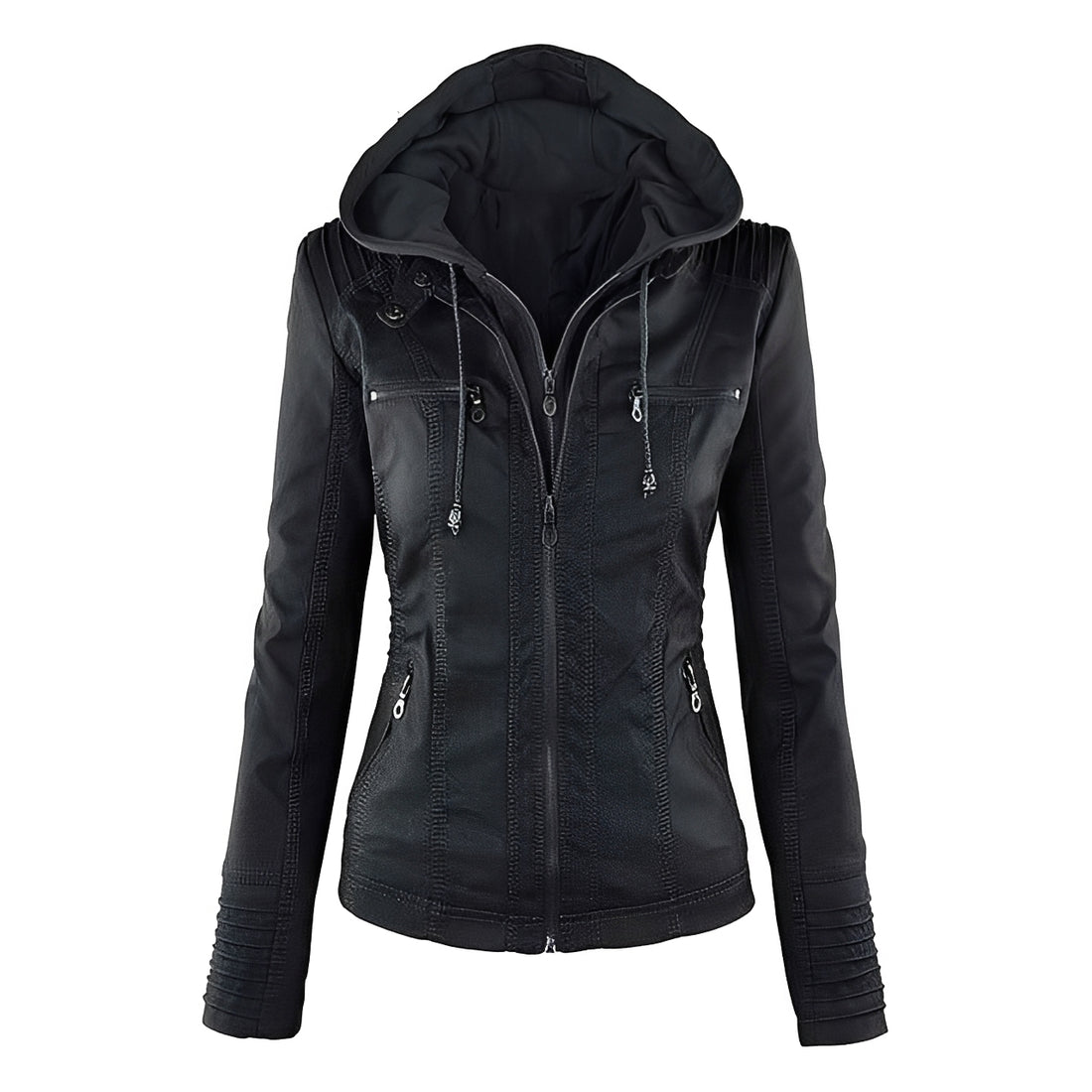 Chaqueta moto con capucha para mujer - cierre frontal de cremallera doble, bolsillos con cremallera y hombros con paneles