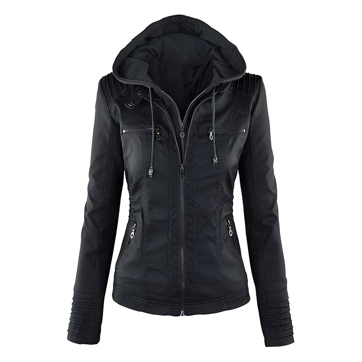 Chaqueta moto con capucha para mujer - cierre frontal de cremallera doble, bolsillos con cremallera y hombros con paneles