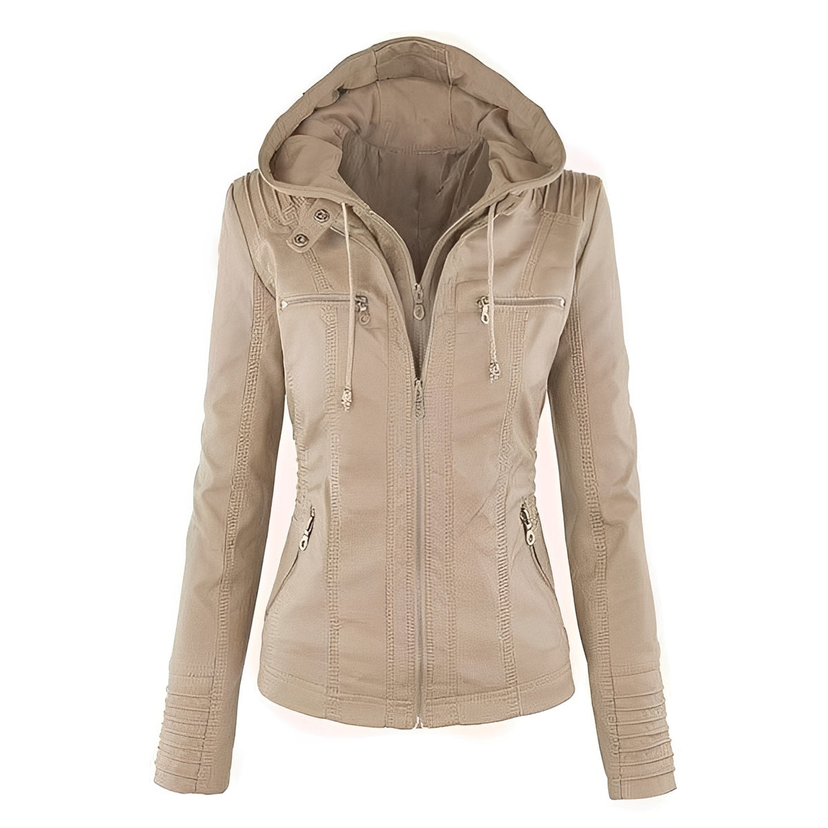 Chaqueta moto con capucha para mujer - cierre frontal de cremallera doble, bolsillos con cremallera y hombros con paneles