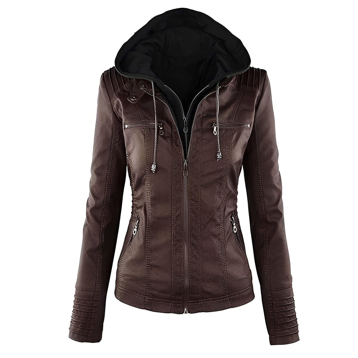 Chaqueta moto con capucha para mujer - cierre frontal de cremallera doble, bolsillos con cremallera y hombros con paneles