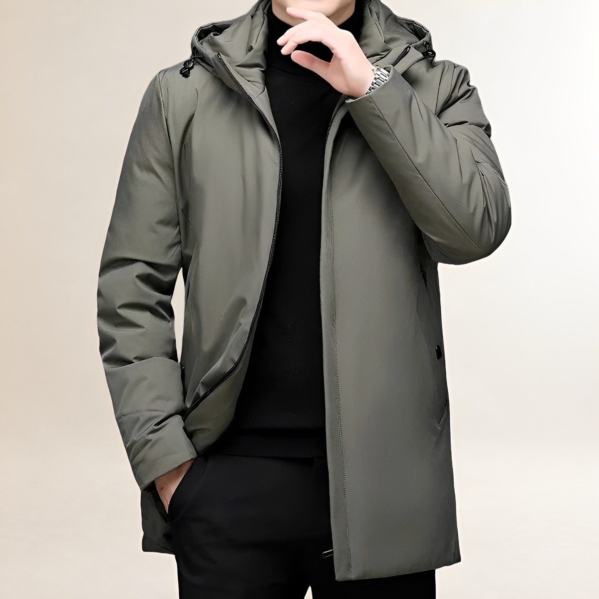 Chaqueta para hombre con capucha y cierre de cremallera - corte regular y largo