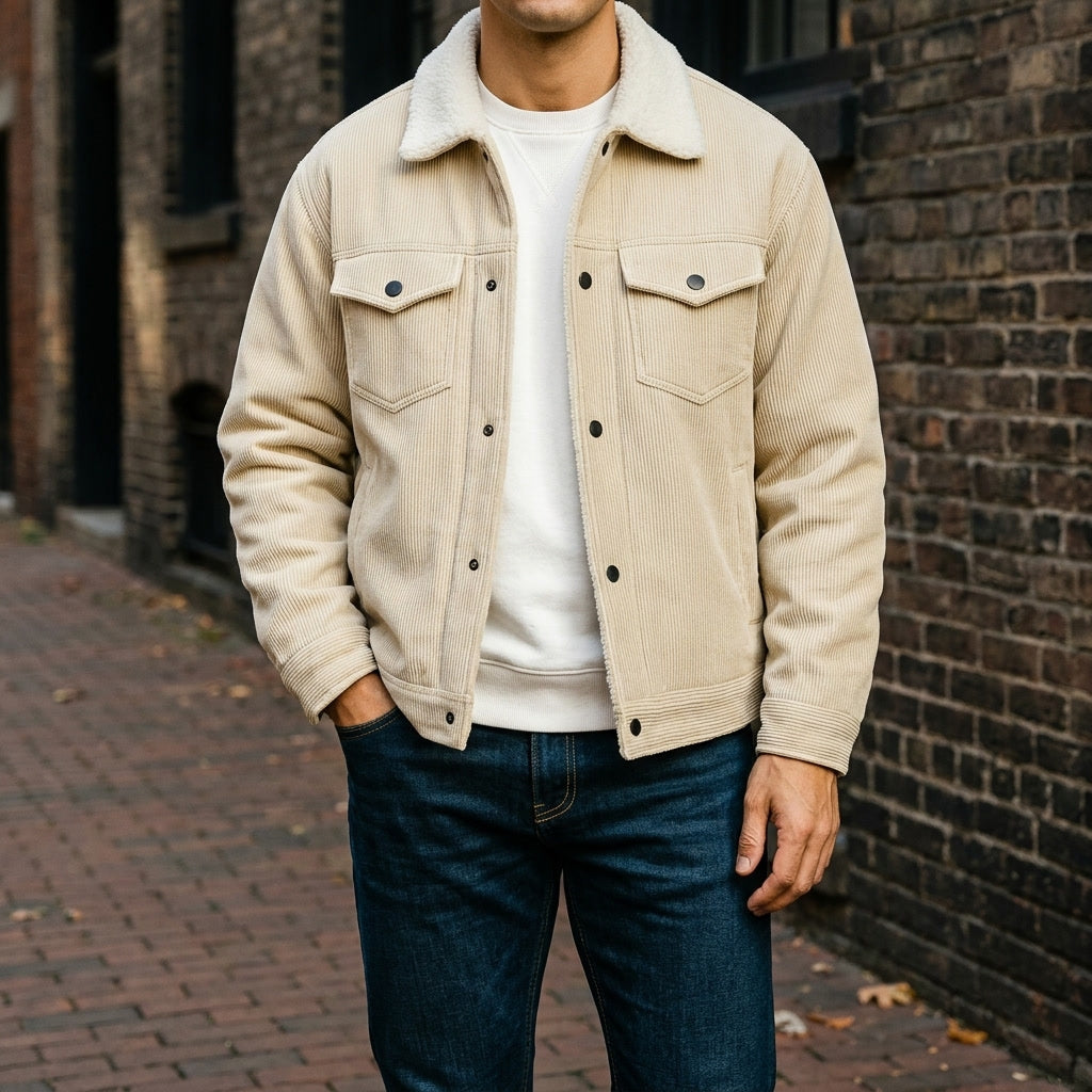 Chaqueta para hombre con cierre de botones, cuello reverso y bolsillos laterales