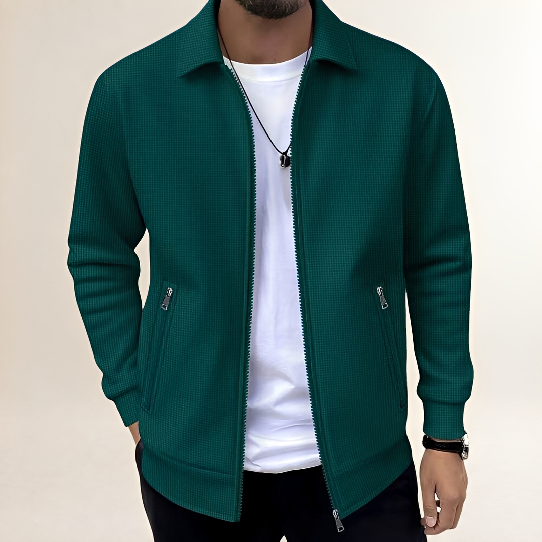 Chaqueta para hombre con cierre frontal con cremallera, texturizada, cuello tipo camisa, bolsillos con cremallera, corte atlético