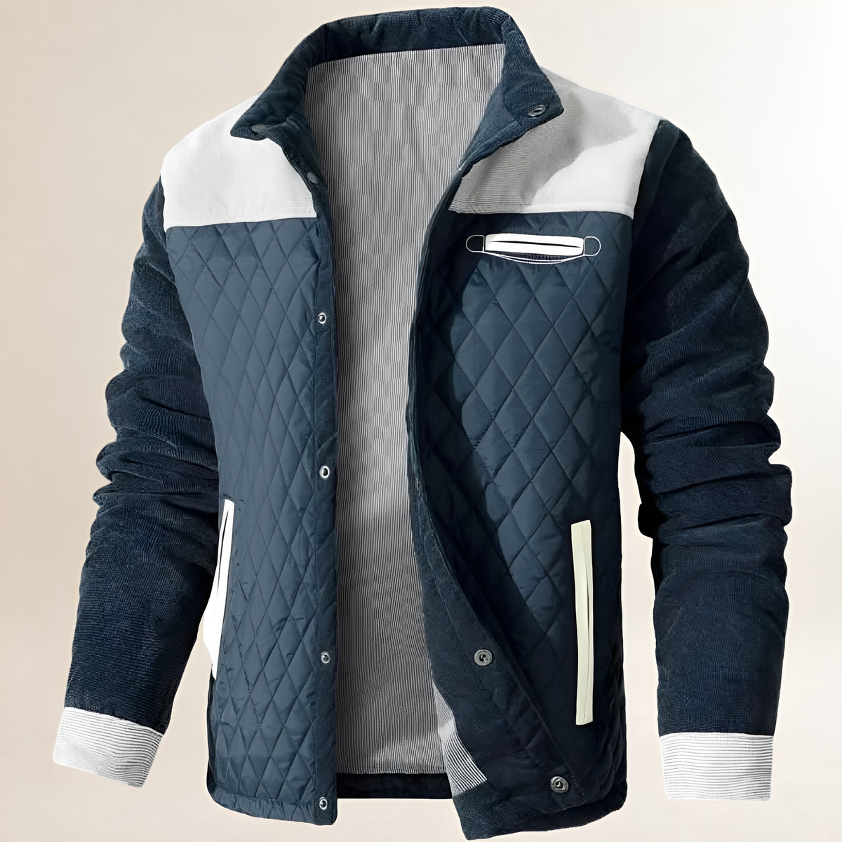 Chaqueta para hombre con cuello alto y cierre de botones presión, paneles acolchados en forma diamante y bolsillos frontales