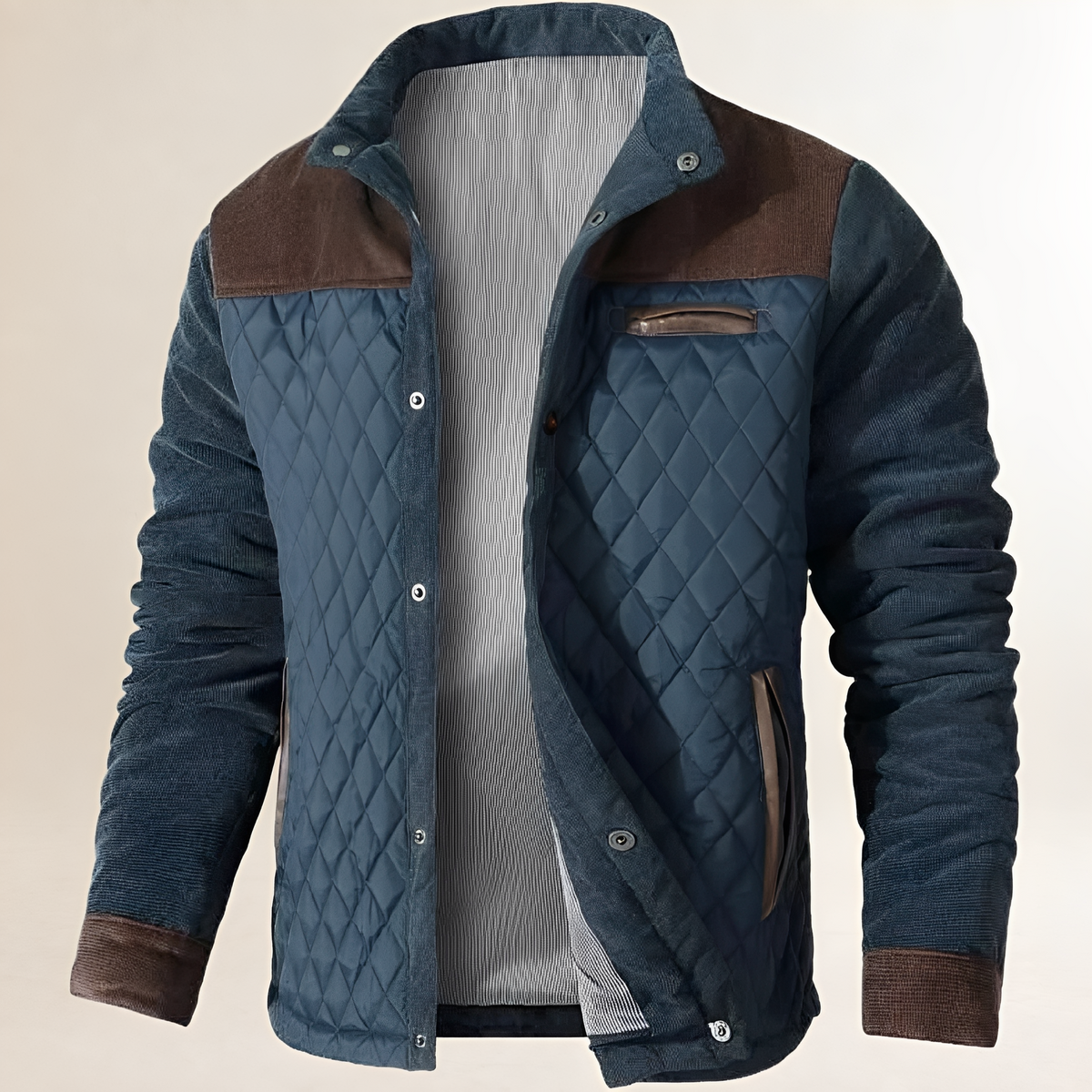 Chaqueta para hombre con cuello alto y cierre de botones presión, paneles acolchados en forma diamante y bolsillos frontales