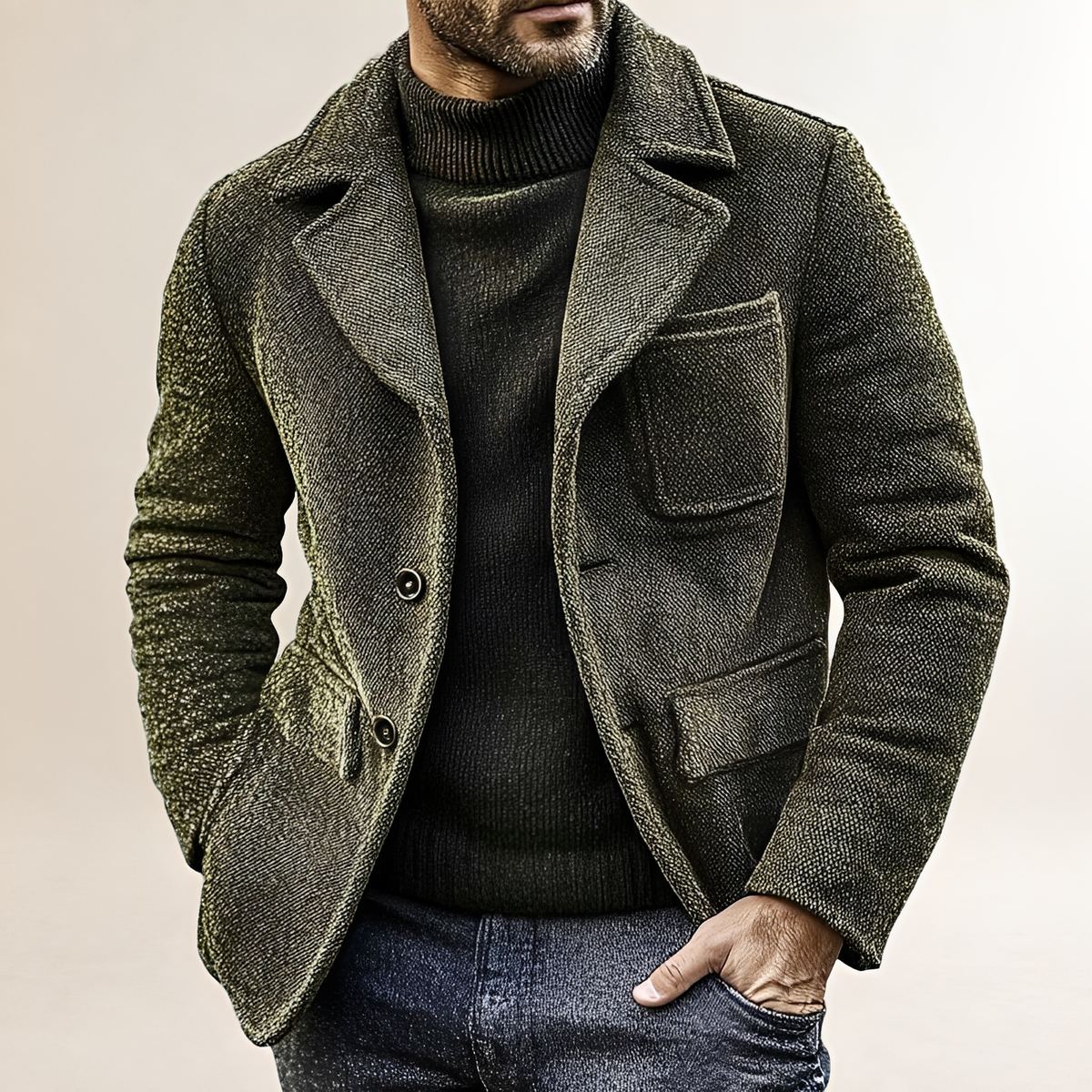 Chaqueta para hombre de doble botonadura texturizada con parche y cuello estándar