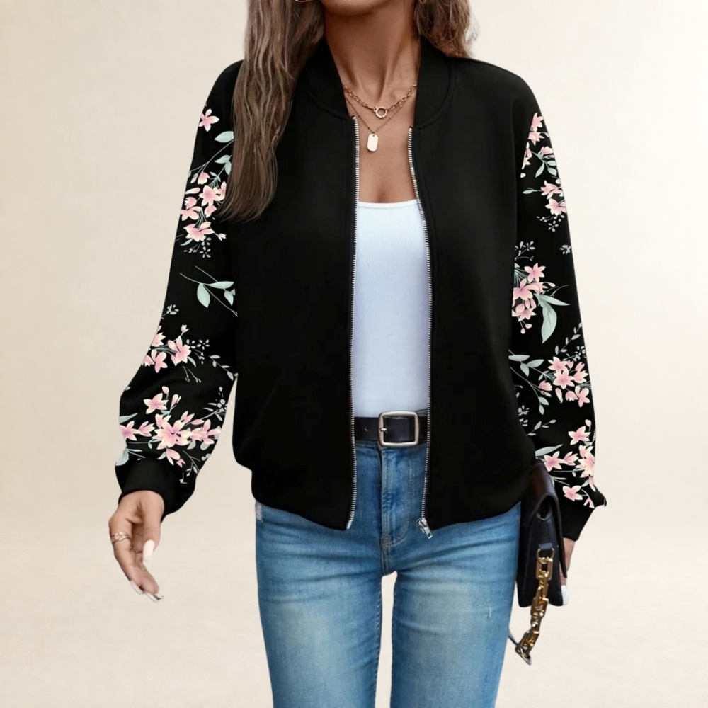 Chaqueta para mujer con cierre de cremallera y mangas estampadas con flores y leopardo - Corte relajado