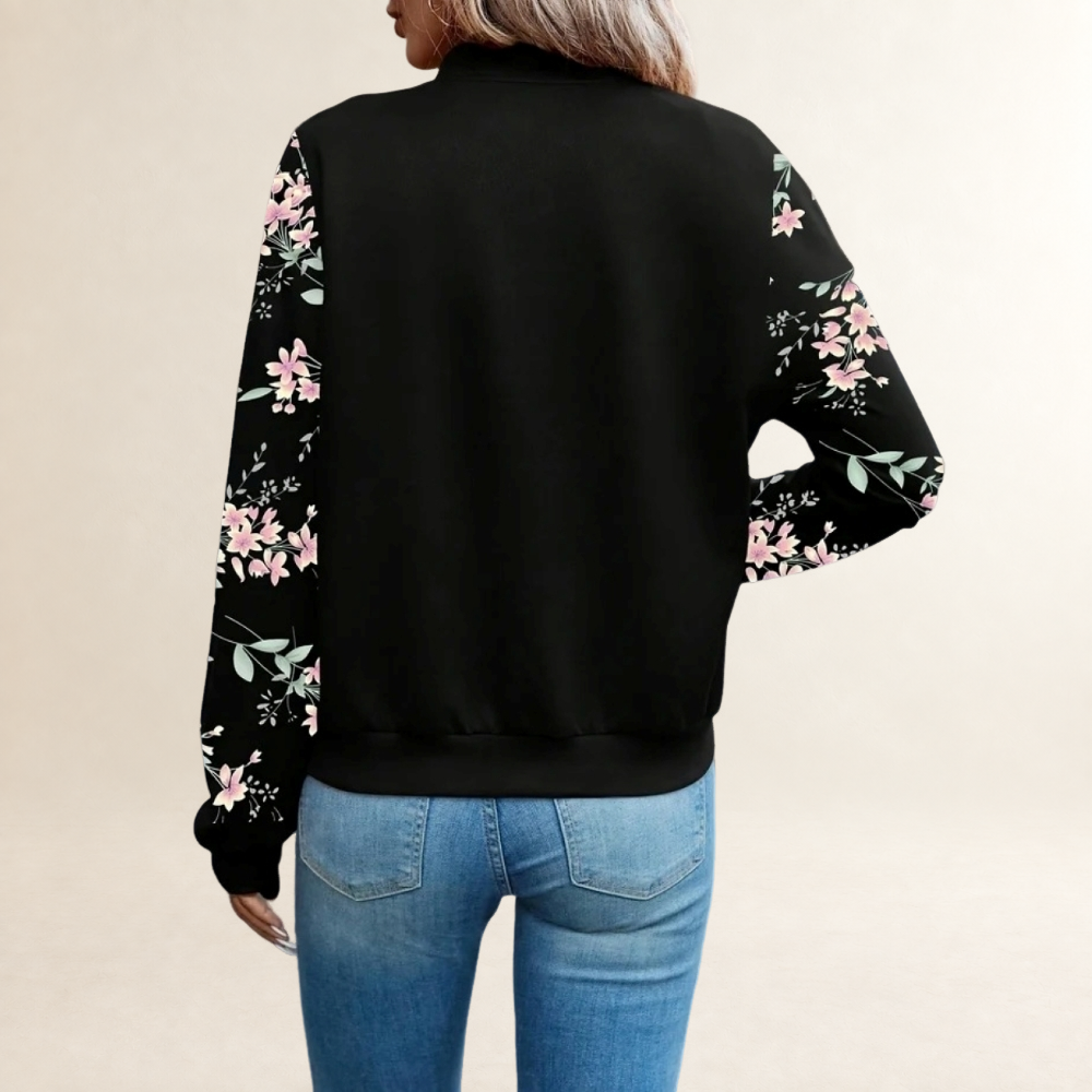 Chaqueta para mujer con cierre de cremallera y mangas estampadas con flores y leopardo - Corte relajado