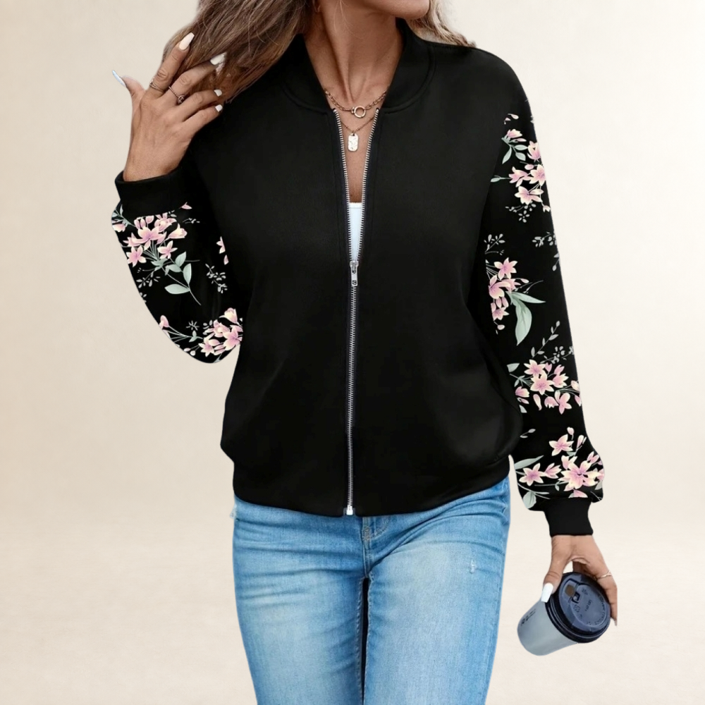 Chaqueta para mujer con cierre de cremallera y mangas estampadas con flores y leopardo - Corte relajado