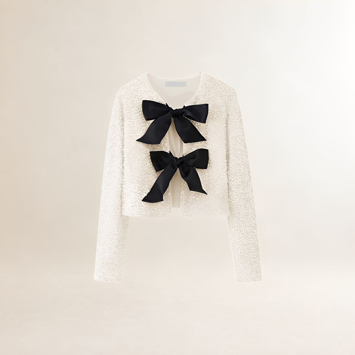 Chaqueta para mujer con lentejuelas, lazo en la parte delantera, manga larga y corte cropped