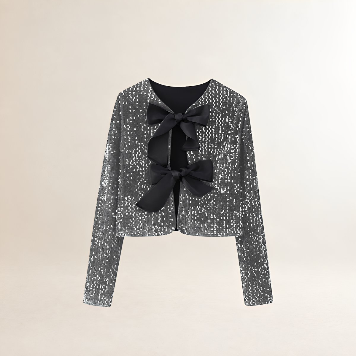 Chaqueta para mujer con lentejuelas, lazo en la parte delantera, manga larga y corte cropped