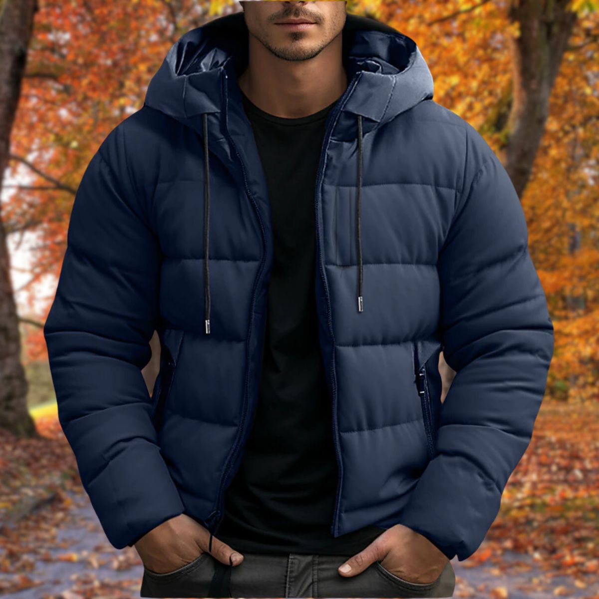 Chaqueta puffer con capucha hombre con cierre de cremallera y bolsillos laterales