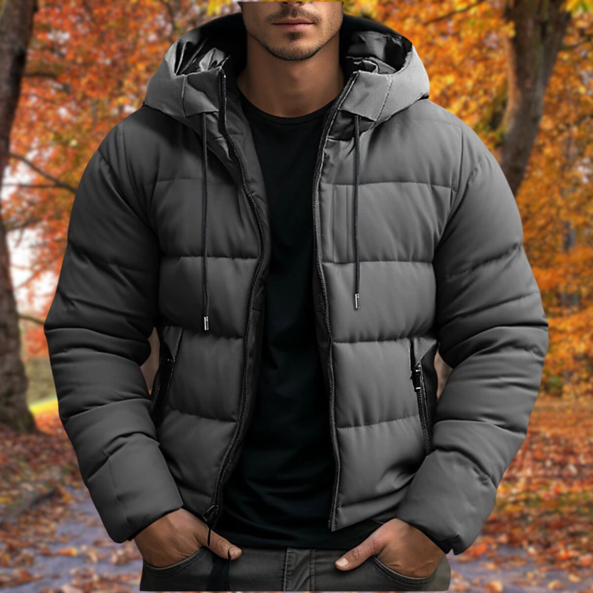 Chaqueta puffer con capucha hombre con cierre de cremallera y bolsillos laterales