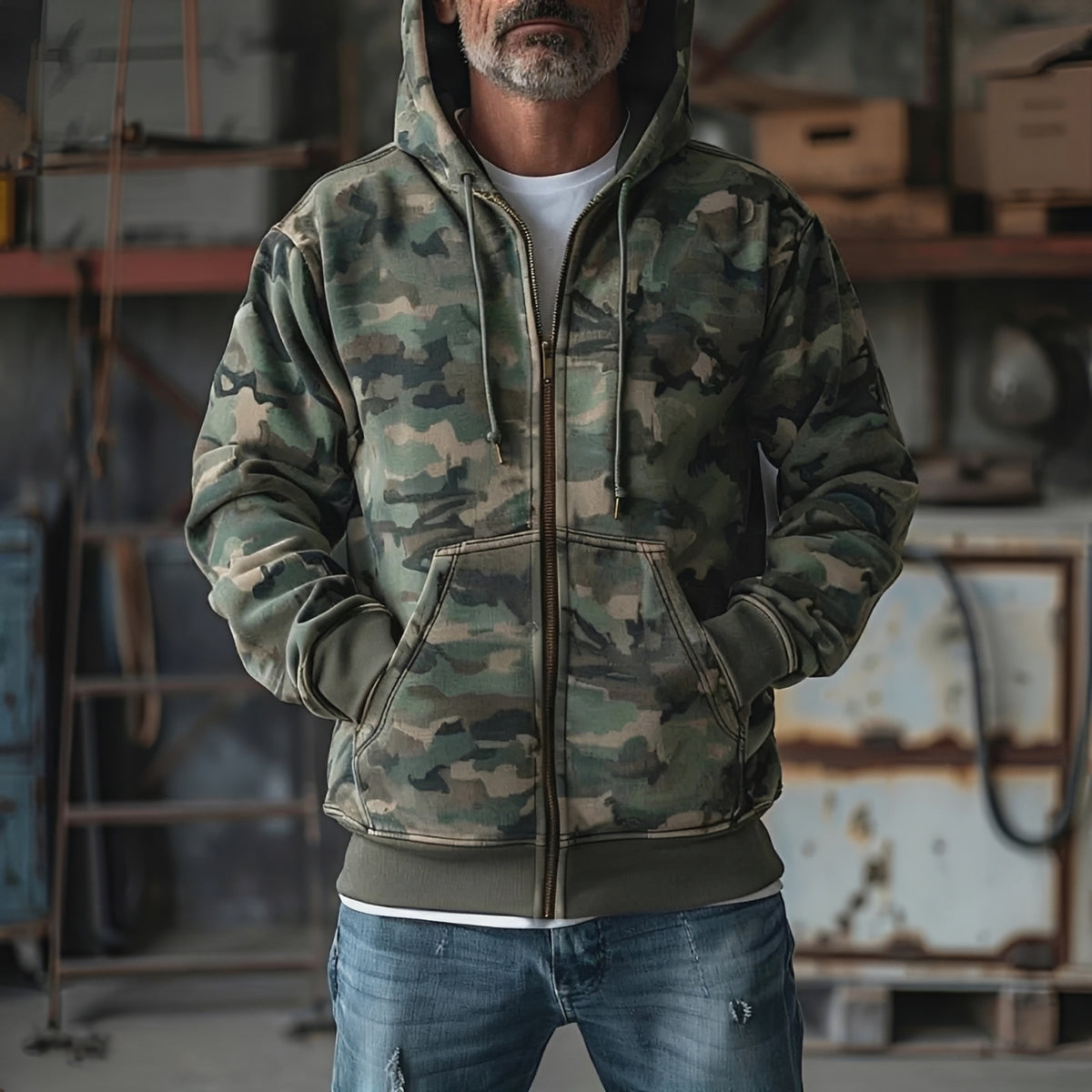 Chaqueta sudadera con capucha para hombre con diseño de camuflaje y cierre completo