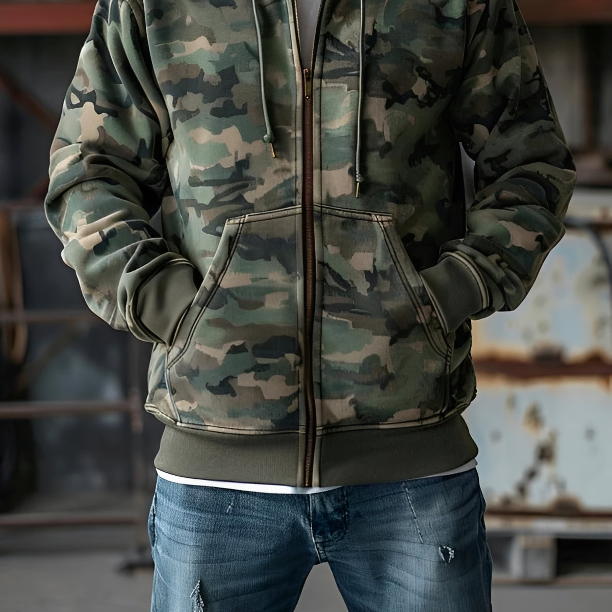 Chaqueta sudadera con capucha para hombre con diseño de camuflaje y cierre completo