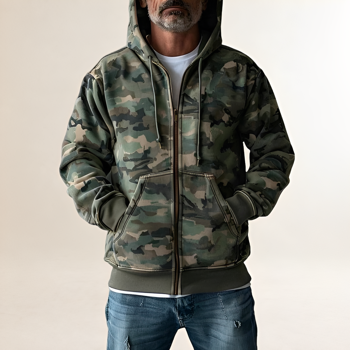 Chaqueta sudadera con capucha para hombre con diseño de camuflaje y cierre completo