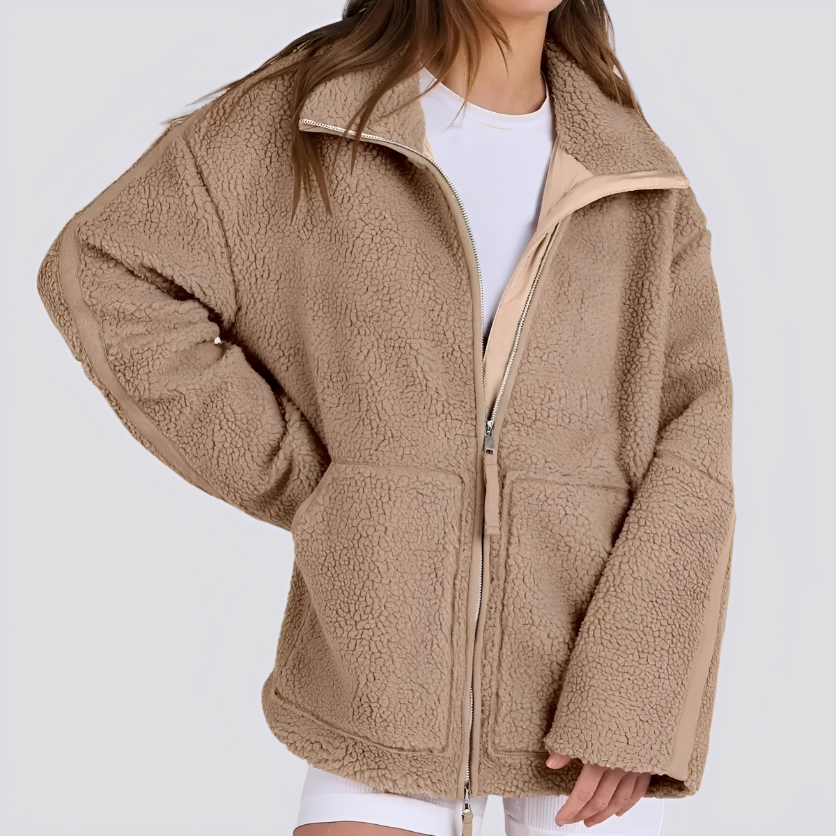 Chaqueta teddy para mujer de corte oversize con cierre de cremallera y bolsillos