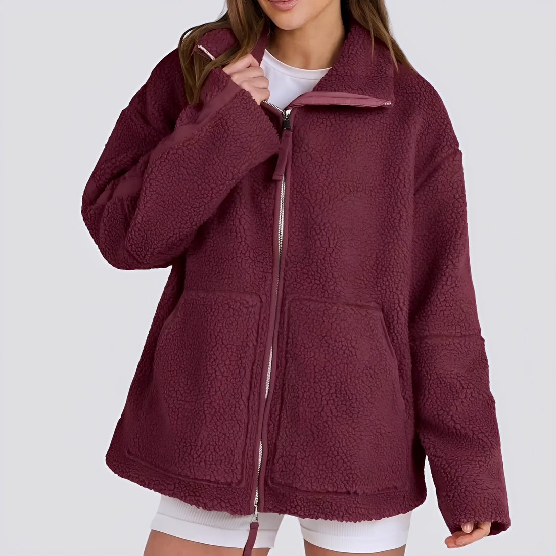 Chaqueta teddy para mujer de corte oversize con cierre de cremallera y bolsillos