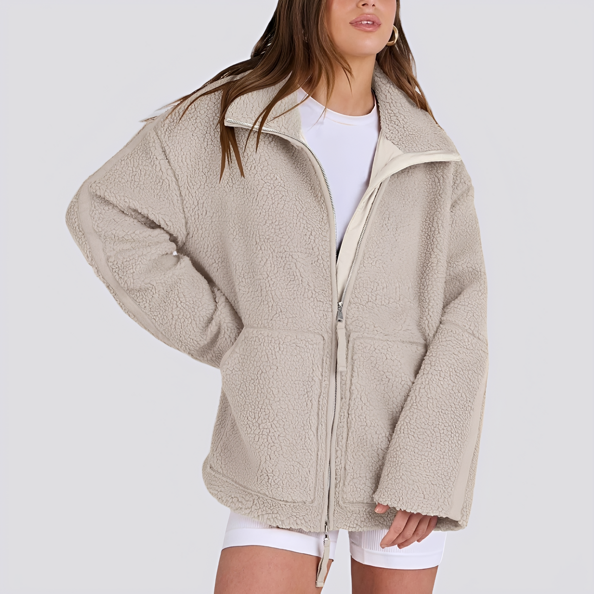 Chaqueta teddy para mujer de corte oversize con cierre de cremallera y bolsillos