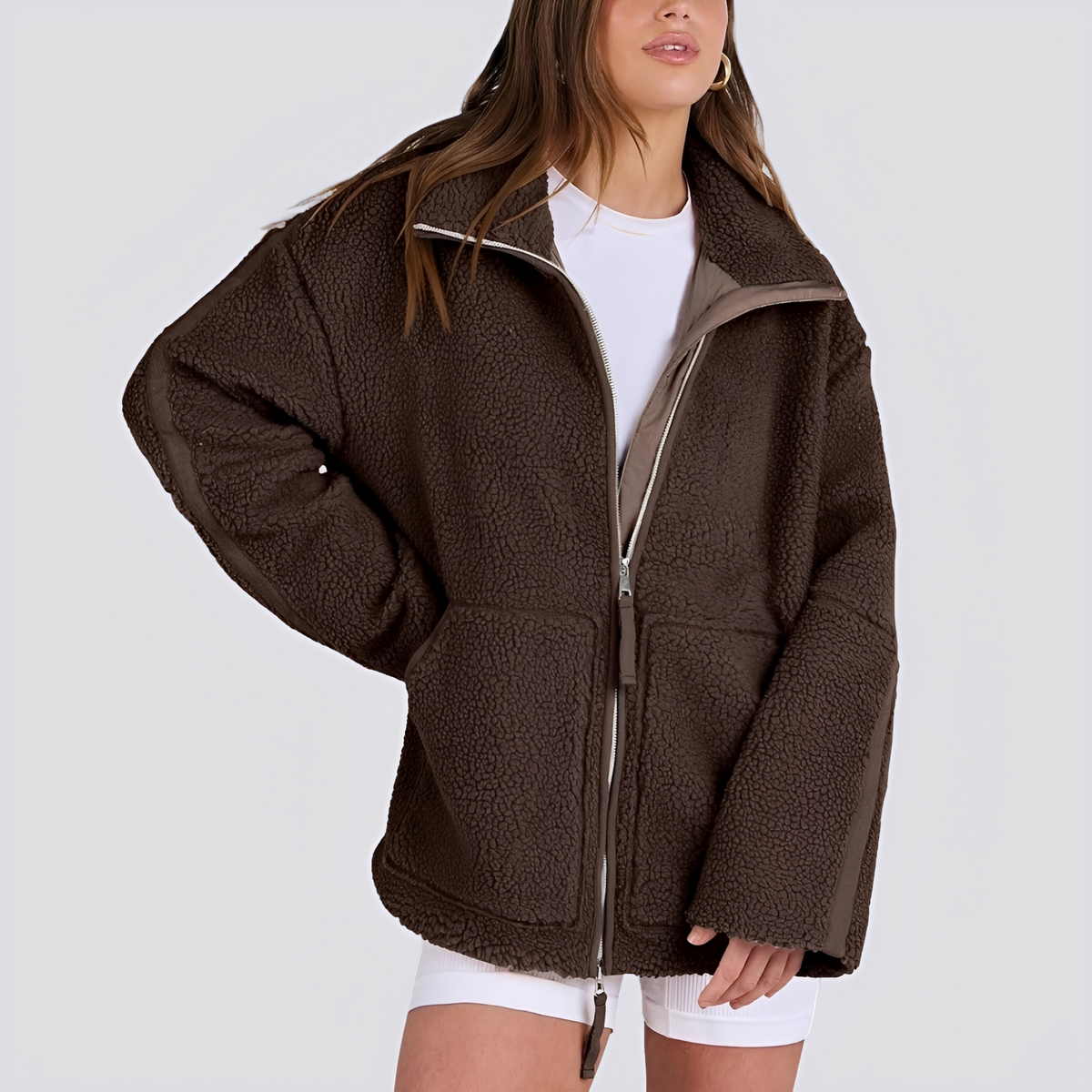 Chaqueta teddy para mujer de corte oversize con cierre de cremallera y bolsillos