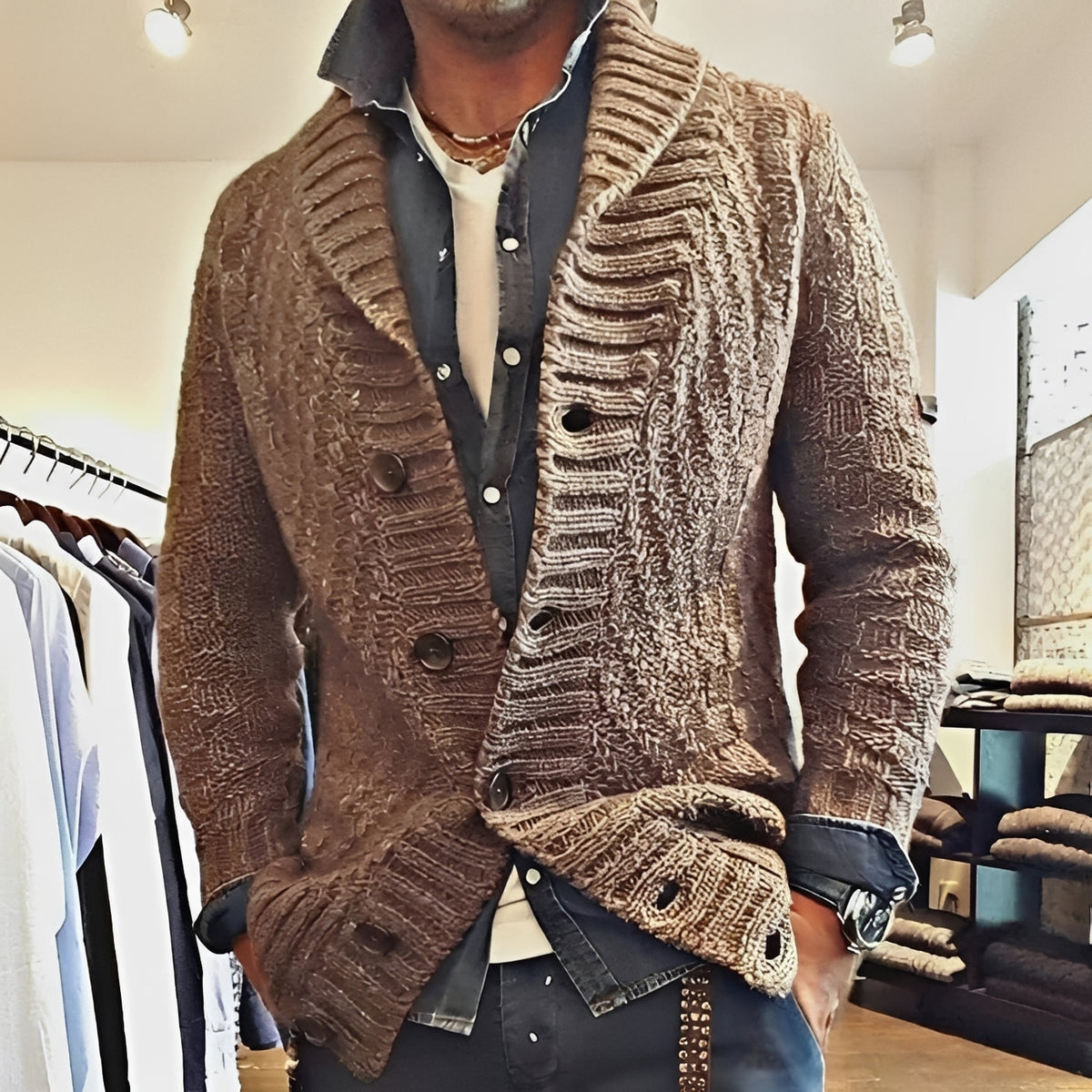 Chaqueta tipo cárdigan para hombre con cuello shawl y cierre de botones - Ajuste relajado