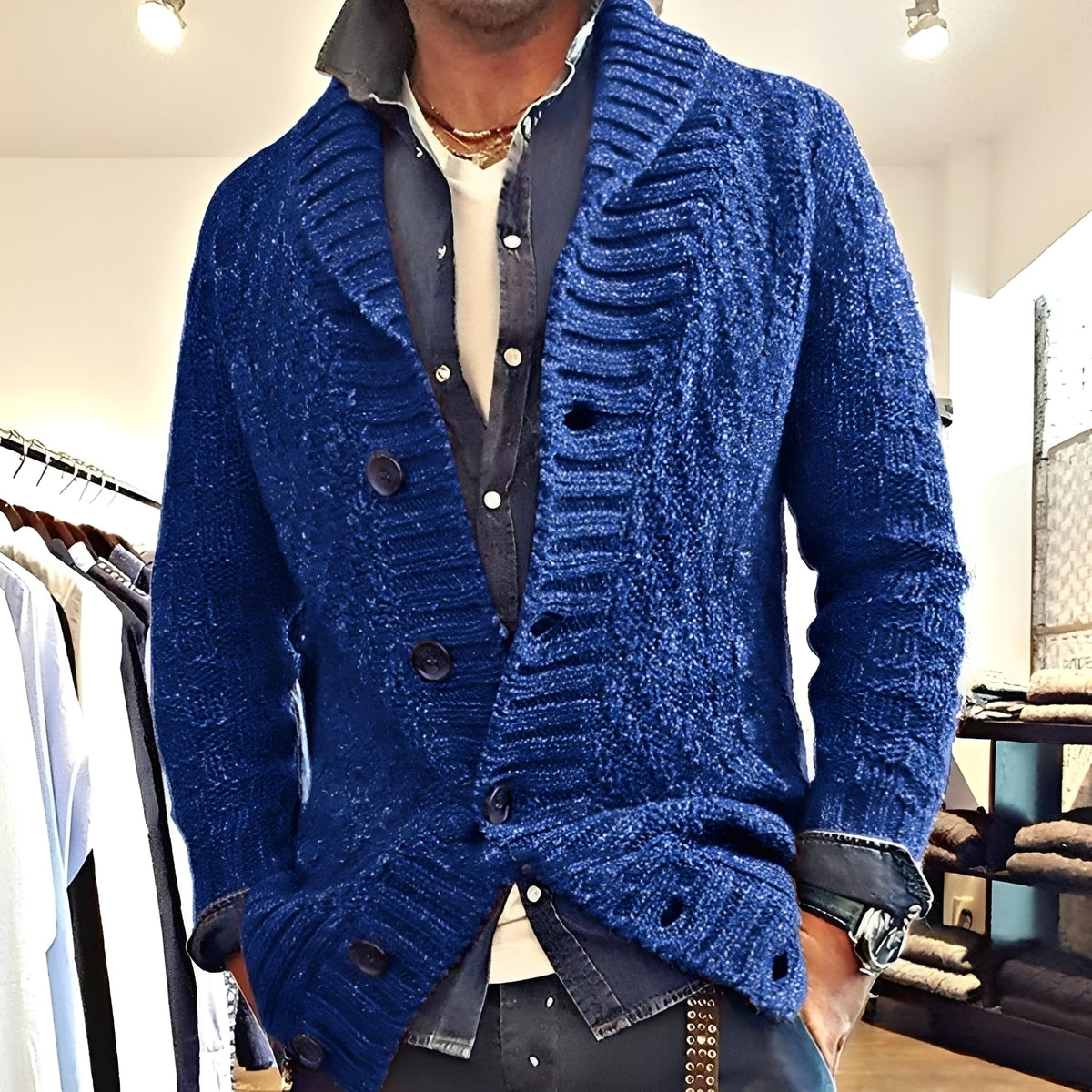 Chaqueta tipo cárdigan para hombre con cuello shawl y cierre de botones - Ajuste relajado