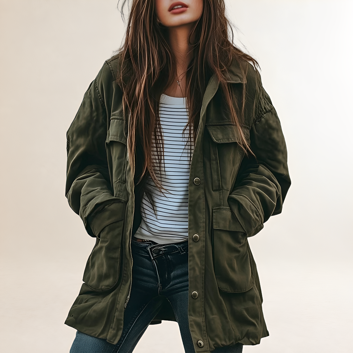 Chaqueta utilitaria para mujer con diseño militar, capucha y bolsillos