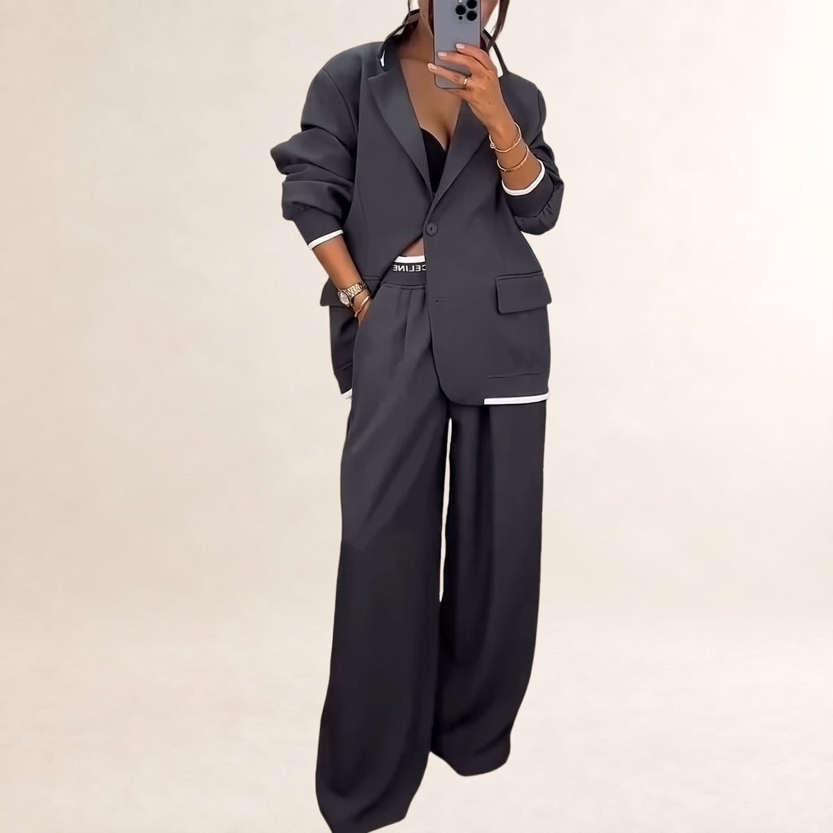 Conjunto blazer y pantalón de pierna ancha para mujer - blazer de un solo botón con solapas y bolsillos, pantalón de cintura elástica