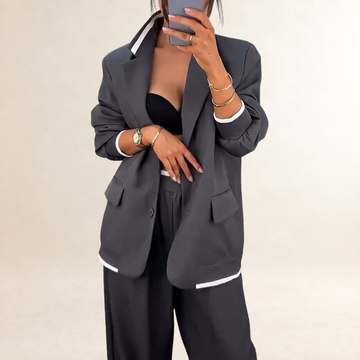 Conjunto blazer y pantalón de pierna ancha para mujer - blazer de un solo botón con solapas y bolsillos, pantalón de cintura elástica