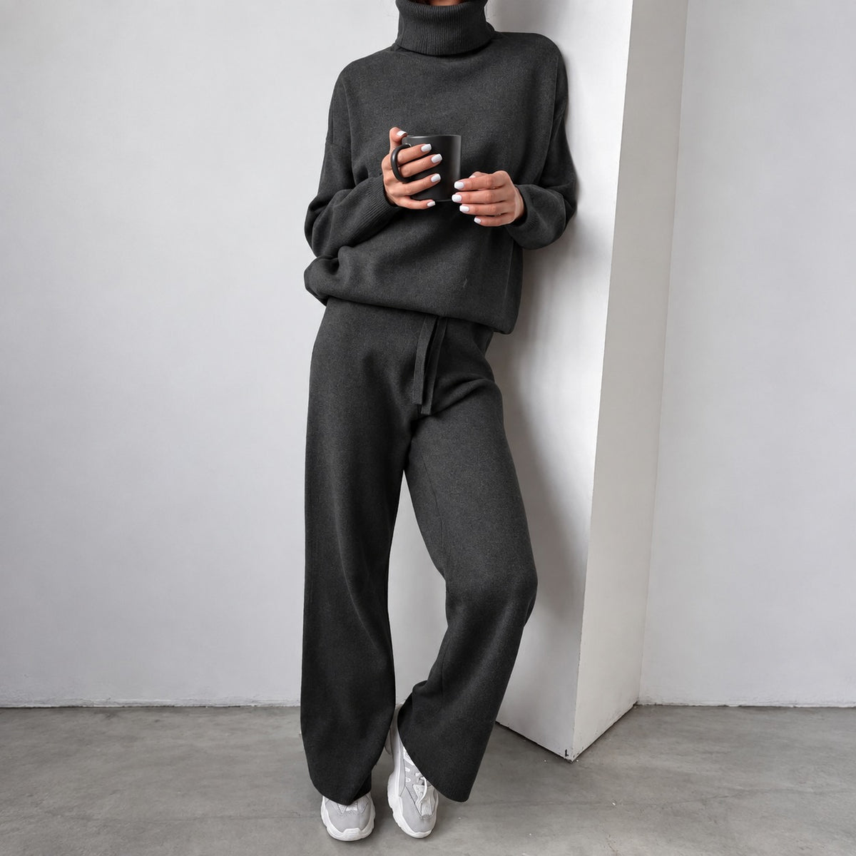 Conjunto casual para mujer suéter de cuello alto y pantalones de pierna ancha de ajuste relajado
